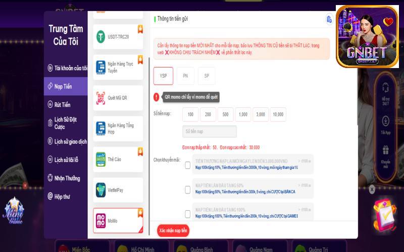 Cách nạp tiền GNBet MOMO không bao giờ lỗi