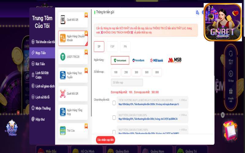 Hướng dẫn 3 bước gửi tiền vào ngân hàng GNBet